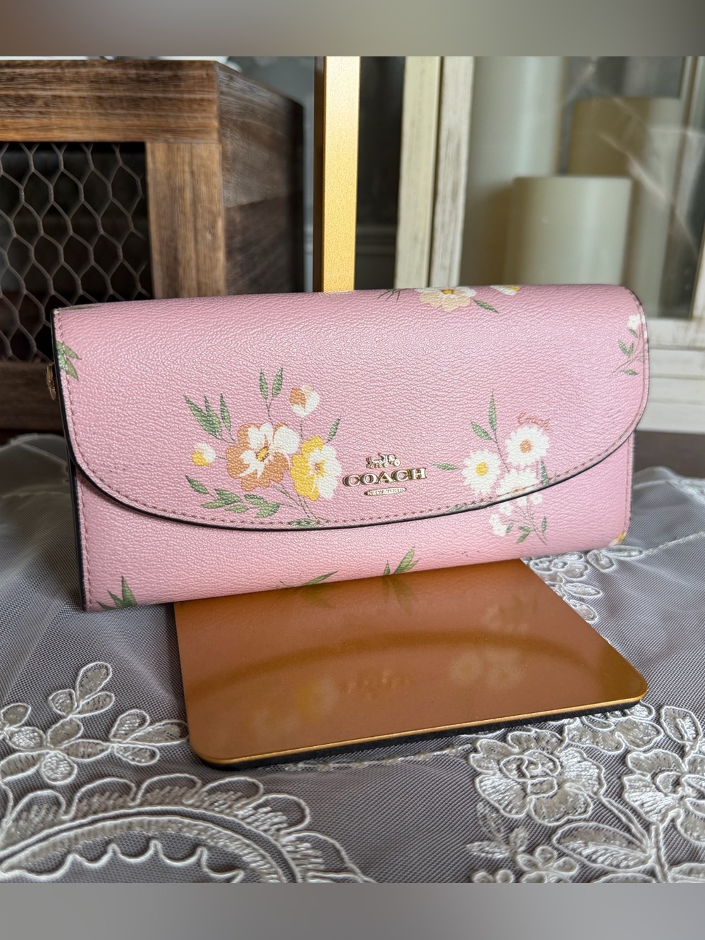 Coach Pink Floral Leather Tri-fold Clutch Wallet